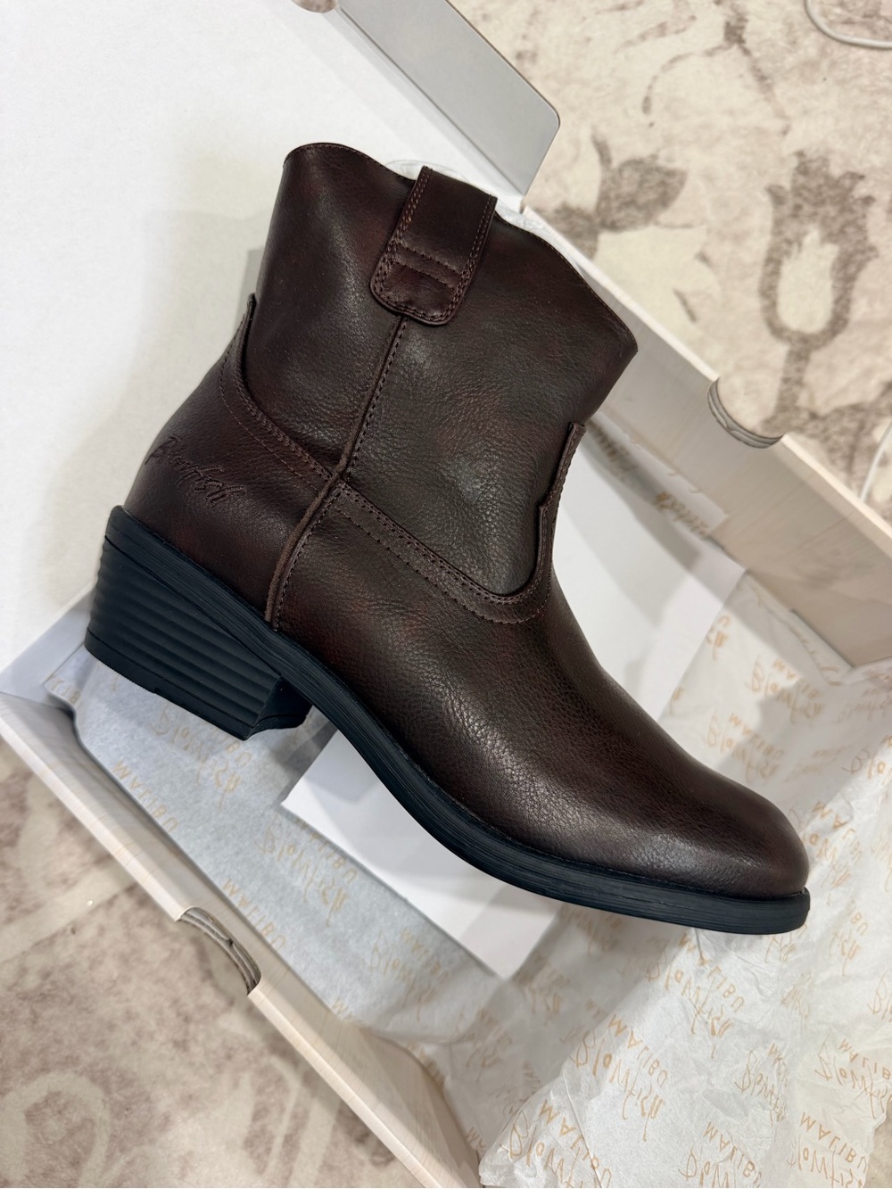Blowfish Brown Leather Ankle Bootie with Low Block Heel